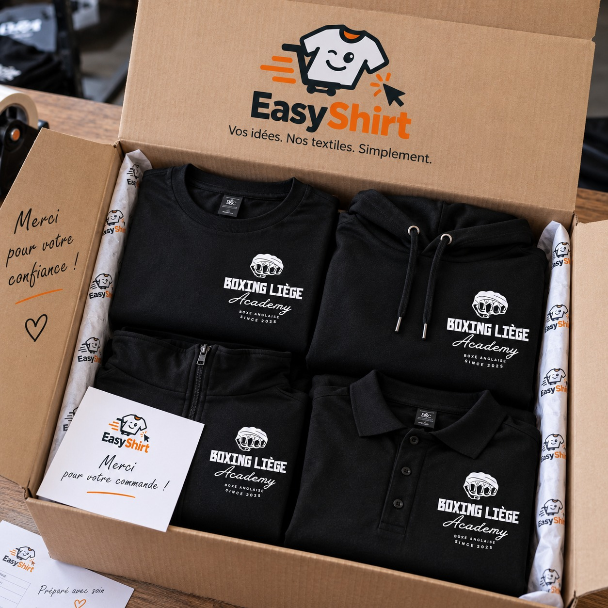 Réalisation EasyShirt pour Boxing Liège Academy : collection de club